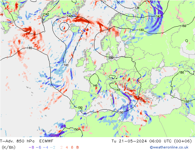 T-Adv. 850 hPa ECMWF mar 21.05.2024 06 UTC