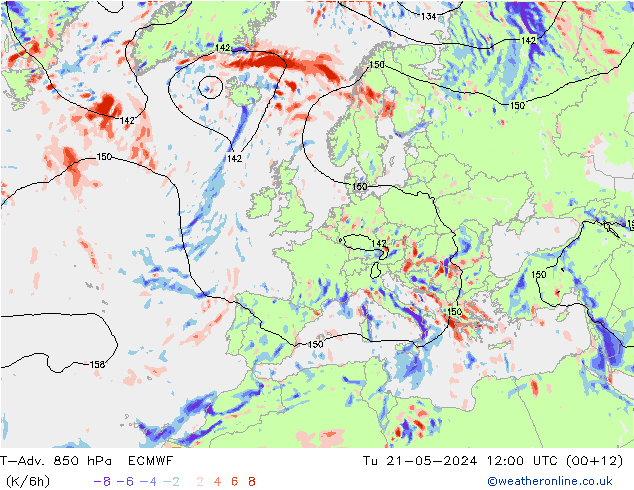 T-Adv. 850 hPa ECMWF Sa 21.05.2024 12 UTC