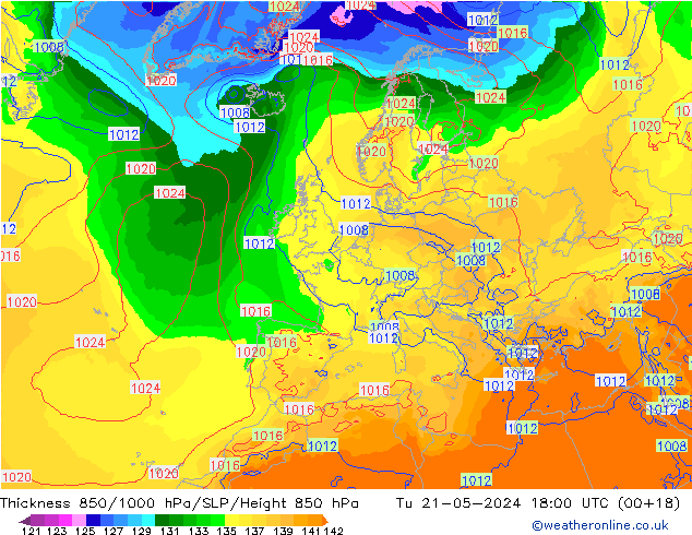 Thck 850-1000 гПа ECMWF вт 21.05.2024 18 UTC