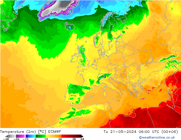 Temperature (2m) ECMWF Tu 21.05.2024 06 UTC