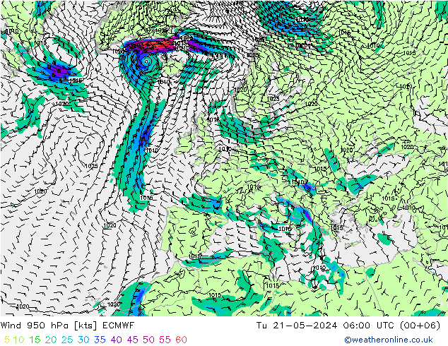 Prec 6h/Wind 10m/950 ECMWF mar 21.05.2024 06 UTC