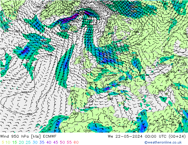 Wind 950 hPa ECMWF We 22.05.2024 00 UTC