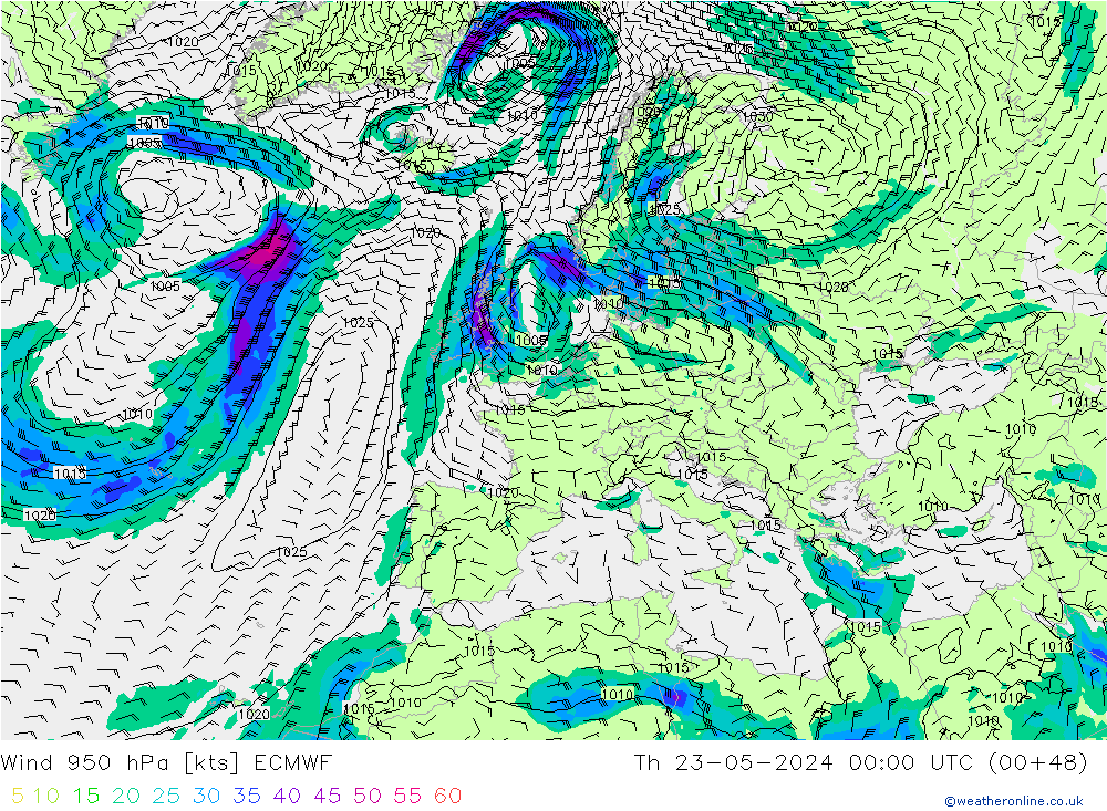 Wind 950 hPa ECMWF Do 23.05.2024 00 UTC