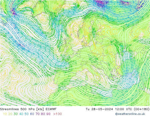 Linea di flusso 500 hPa ECMWF mar 28.05.2024 12 UTC
