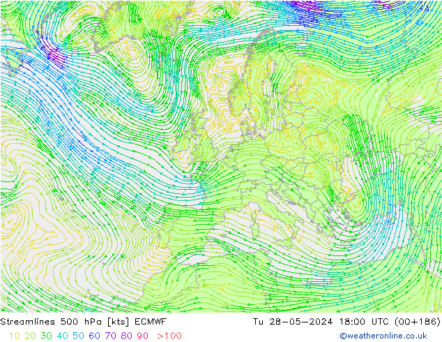 Linea di flusso 500 hPa ECMWF mar 28.05.2024 18 UTC