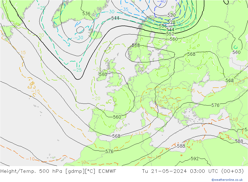 Height/Temp. 500 hPa ECMWF Tu 21.05.2024 03 UTC