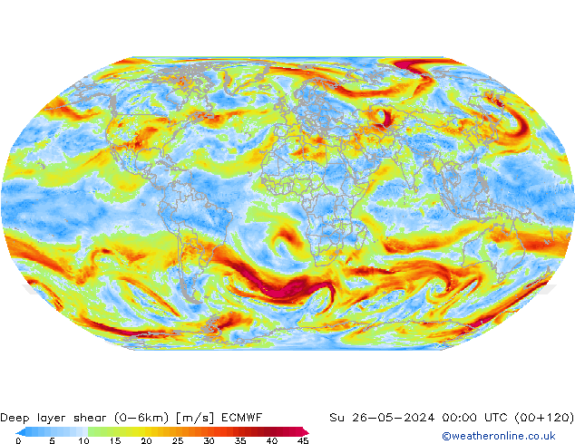 Deep layer shear (0-6km) ECMWF Вс 26.05.2024 00 UTC