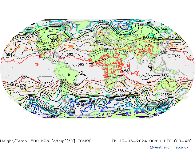 Height/Temp. 500 hPa ECMWF Do 23.05.2024 00 UTC