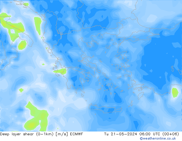 Deep layer shear (0-1km) ECMWF Tu 21.05.2024 06 UTC
