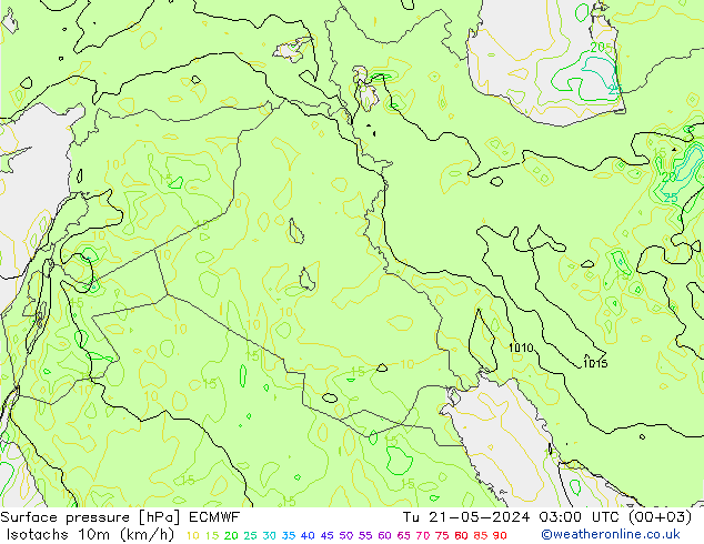 Isotachen (km/h) ECMWF di 21.05.2024 03 UTC
