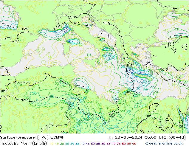 Isotachs (kph) ECMWF Čt 23.05.2024 00 UTC