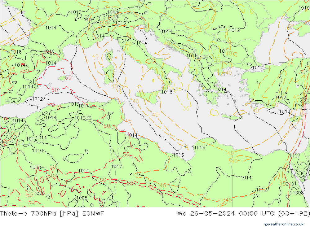 Theta-e 700hPa ECMWF Mi 29.05.2024 00 UTC