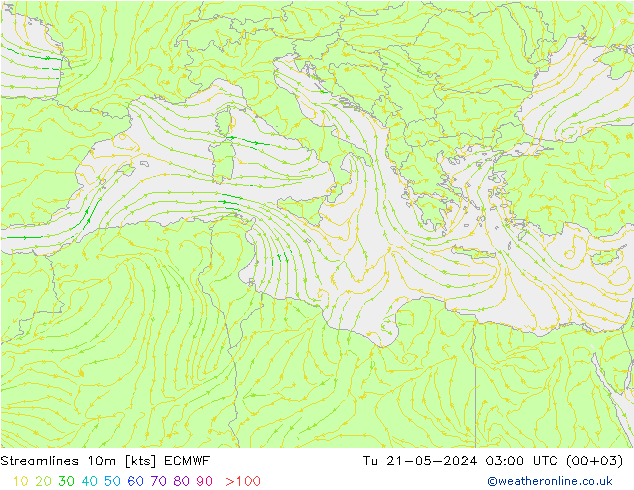 Stroomlijn 10m ECMWF di 21.05.2024 03 UTC