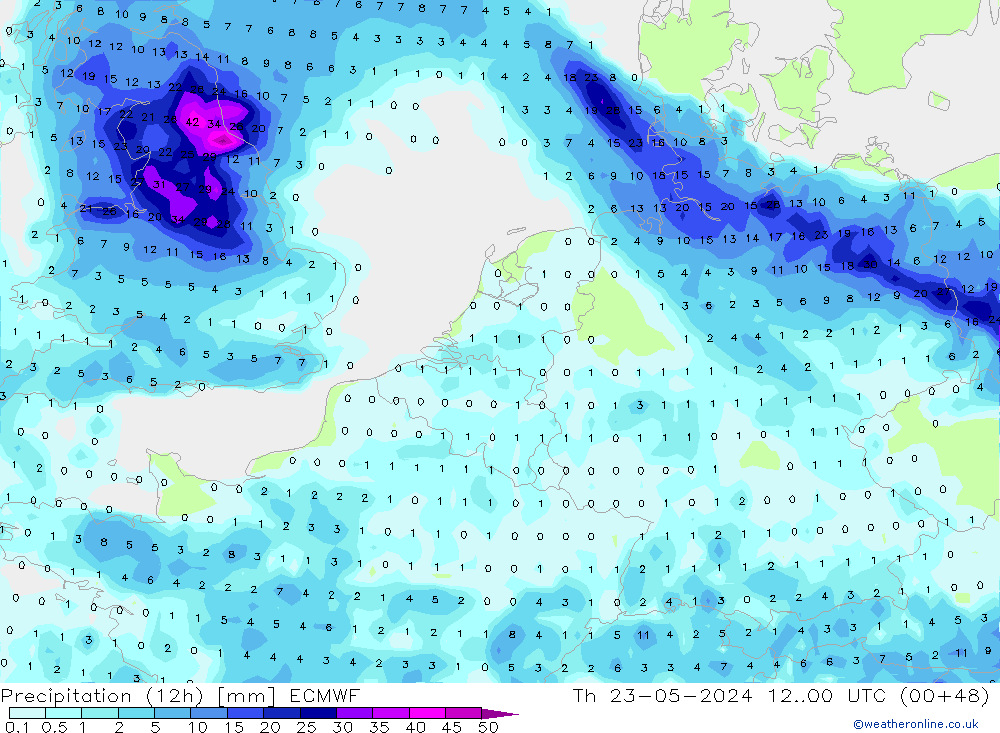Precipitation (12h) ECMWF Čt 23.05.2024 00 UTC