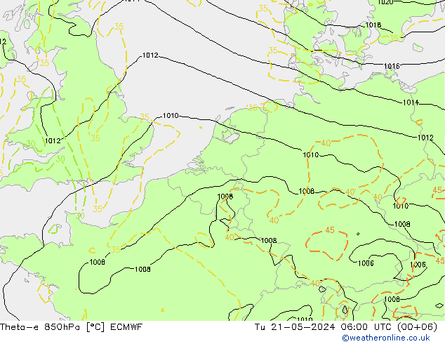 Theta-e 850hPa ECMWF Tu 21.05.2024 06 UTC
