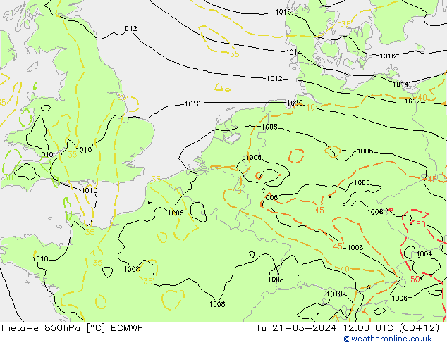 Theta-e 850hPa ECMWF Tu 21.05.2024 12 UTC