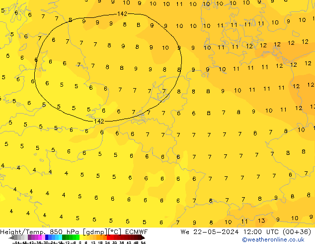 Z500/Rain (+SLP)/Z850 ECMWF mer 22.05.2024 12 UTC