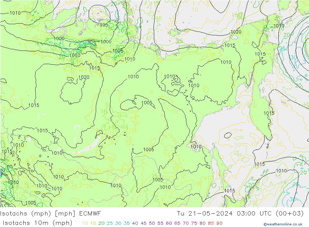 Isotachs (mph) ECMWF Út 21.05.2024 03 UTC