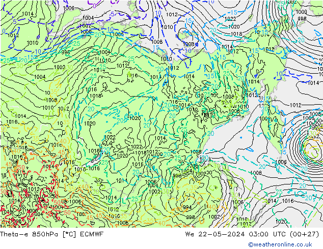 Theta-e 850hPa ECMWF śro. 22.05.2024 03 UTC