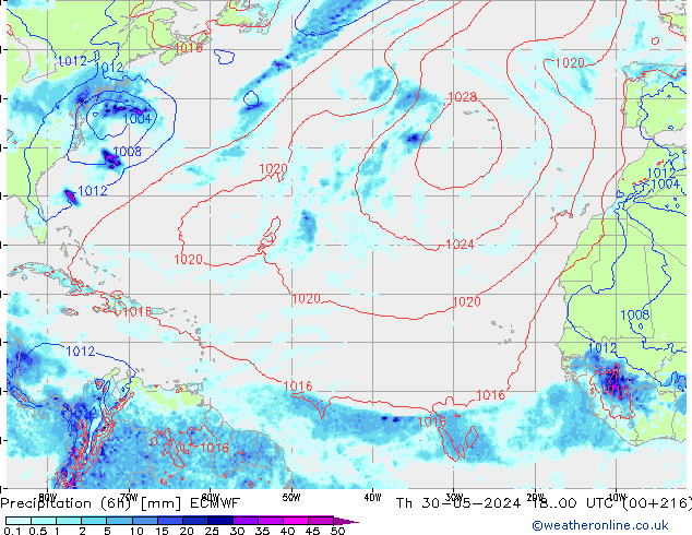 Z500/Rain (+SLP)/Z850 ECMWF gio 30.05.2024 00 UTC
