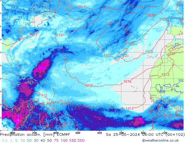 Precipitation accum. ECMWF сб 25.05.2024 06 UTC