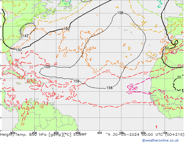 Z500/Rain (+SLP)/Z850 ECMWF gio 30.05.2024 00 UTC