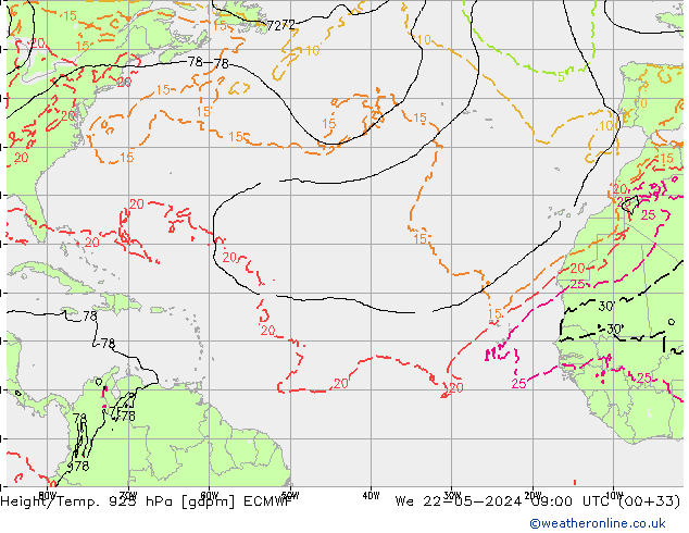 Hoogte/Temp. 925 hPa ECMWF wo 22.05.2024 09 UTC