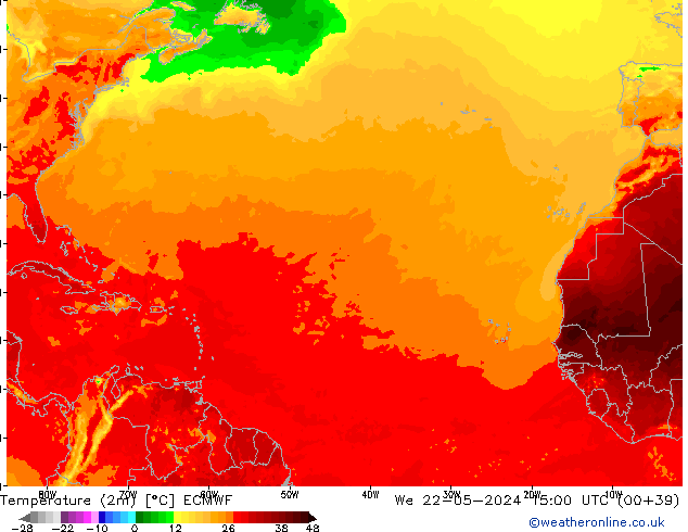 Temperatura (2m) ECMWF Qua 22.05.2024 15 UTC