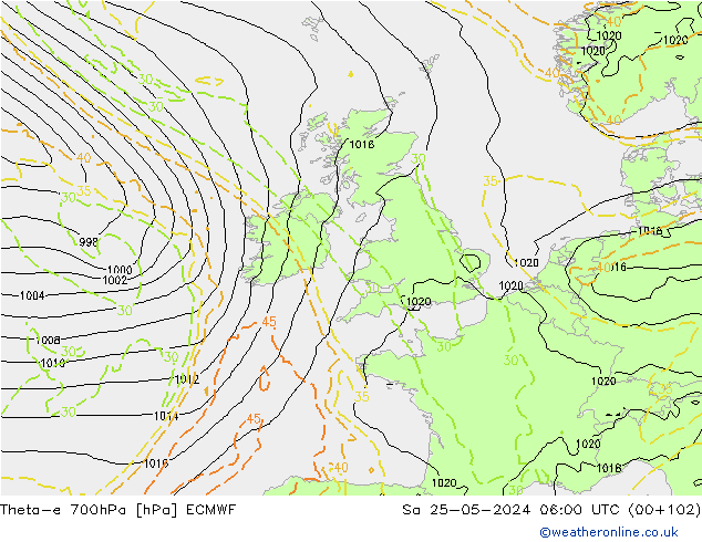 Theta-e 700hPa ECMWF sam 25.05.2024 06 UTC