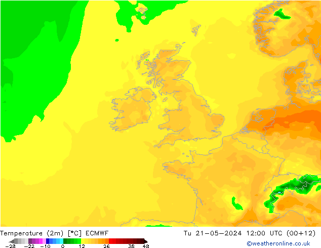 Temperatuurkaart (2m) ECMWF di 21.05.2024 12 UTC