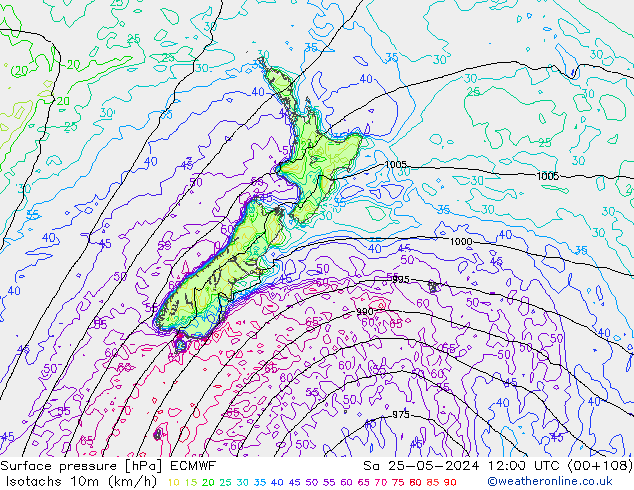 Isotachs (kph) ECMWF sab 25.05.2024 12 UTC