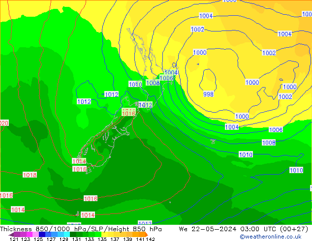 850-1000 hPa Kalınlığı ECMWF Çar 22.05.2024 03 UTC