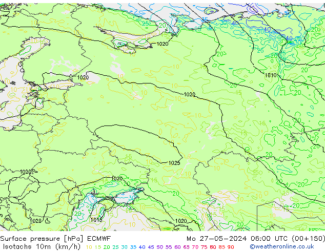 Isotachs (kph) ECMWF  27.05.2024 06 UTC