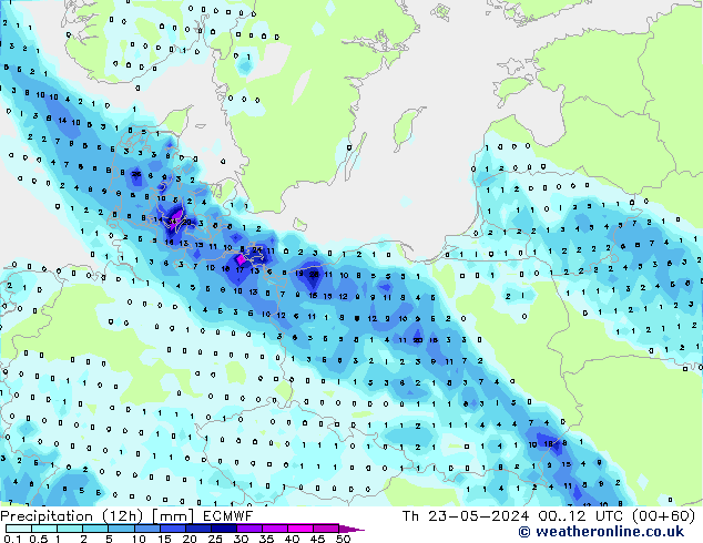 Precipitation (12h) ECMWF Th 23.05.2024 12 UTC
