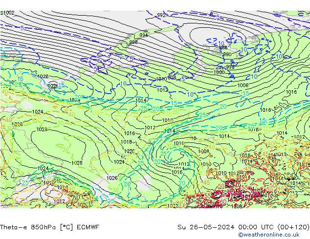 Theta-e 850hPa ECMWF Su 26.05.2024 00 UTC