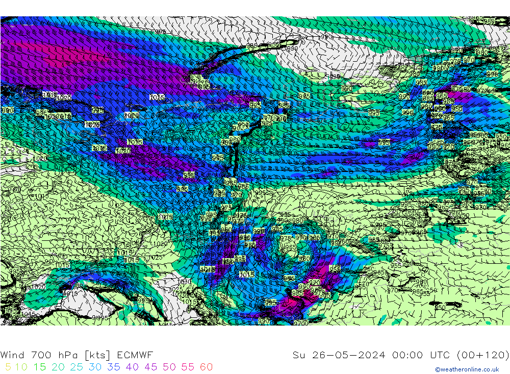 Wind 700 hPa ECMWF Su 26.05.2024 00 UTC
