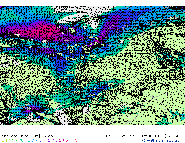 wiatr 850 hPa ECMWF pt. 24.05.2024 18 UTC