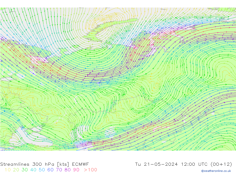 Streamlines 300 hPa ECMWF Út 21.05.2024 12 UTC