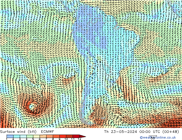 Rüzgar 10 m (bft) ECMWF Per 23.05.2024 00 UTC