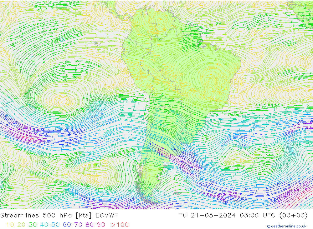 Linia prądu 500 hPa ECMWF wto. 21.05.2024 03 UTC