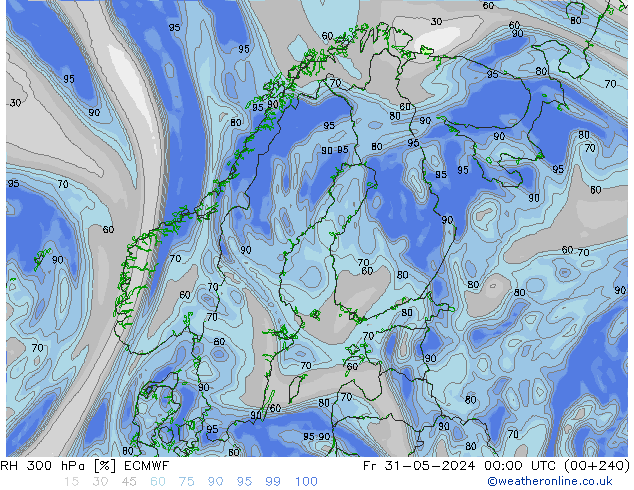 Humidité rel. 300 hPa ECMWF ven 31.05.2024 00 UTC