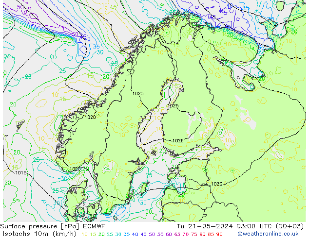 10米等风速线 (kph) ECMWF 星期二 21.05.2024 03 UTC