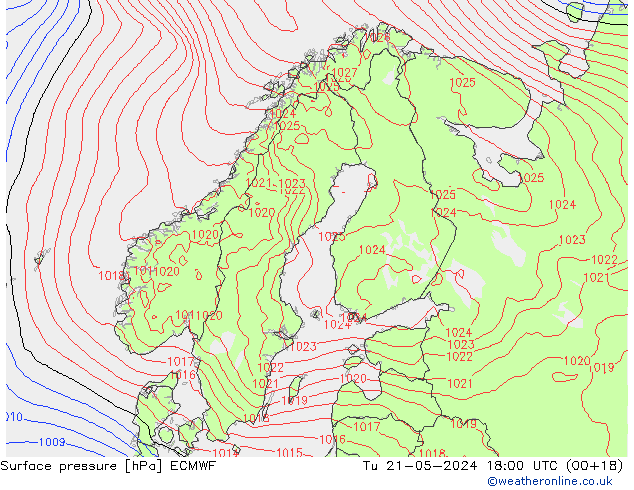 Surface pressure ECMWF Tu 21.05.2024 18 UTC