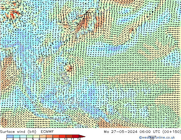 Surface wind (bft) ECMWF Mo 27.05.2024 06 UTC