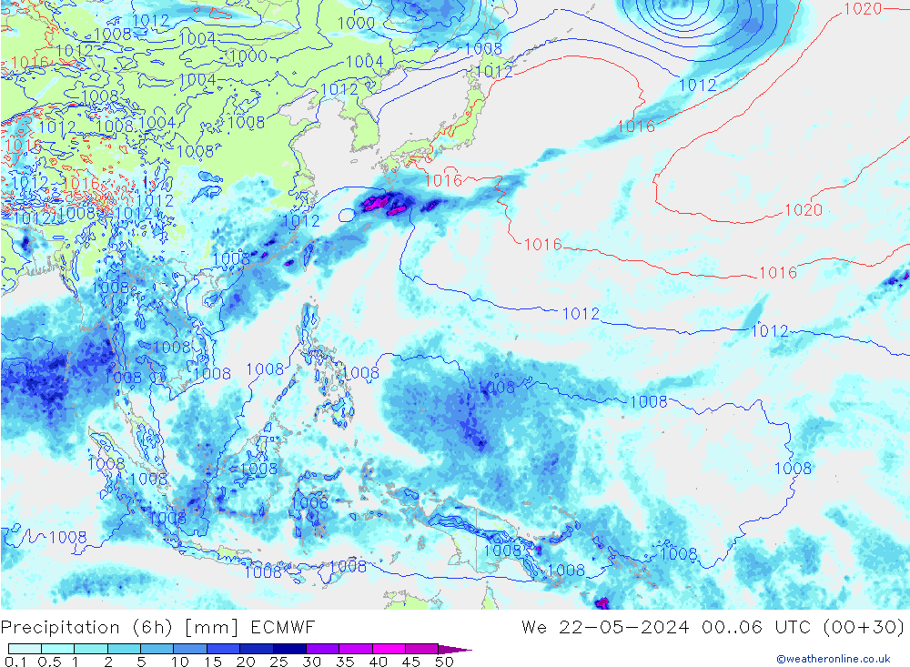 Totale neerslag (6h) ECMWF wo 22.05.2024 06 UTC