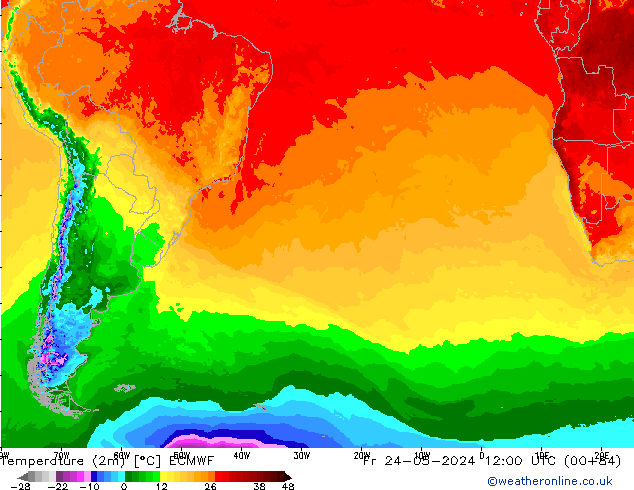 Temperatuurkaart (2m) ECMWF vr 24.05.2024 12 UTC