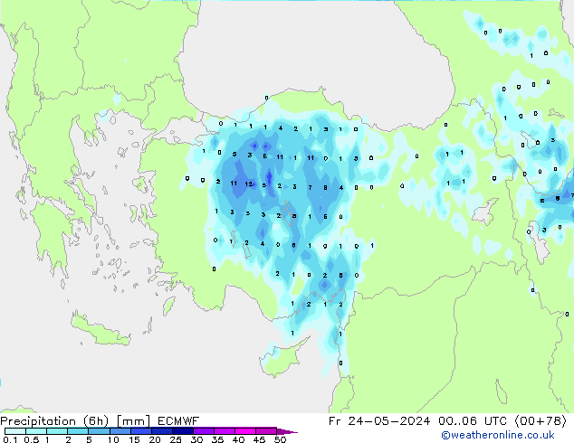 Totale neerslag (6h) ECMWF vr 24.05.2024 06 UTC