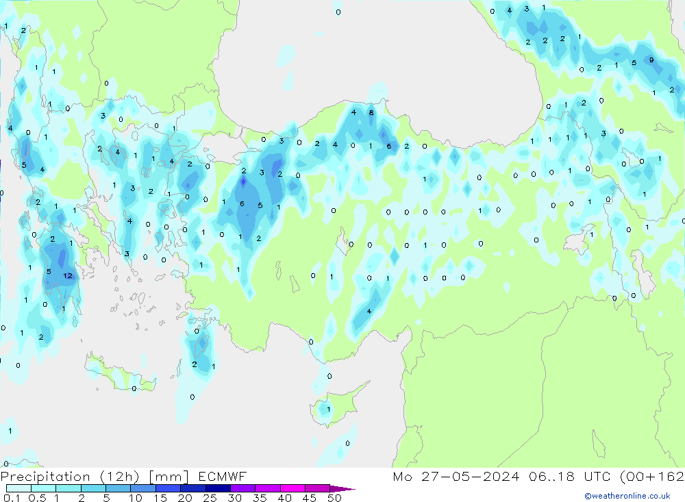 Totale neerslag (12h) ECMWF ma 27.05.2024 18 UTC