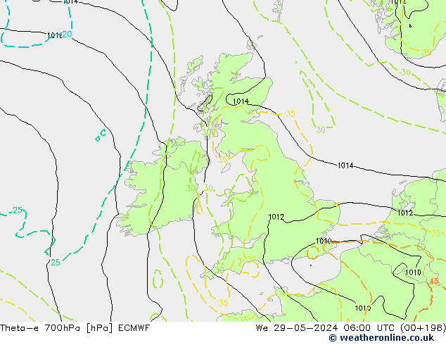 Theta-e 700hPa ECMWF mer 29.05.2024 06 UTC