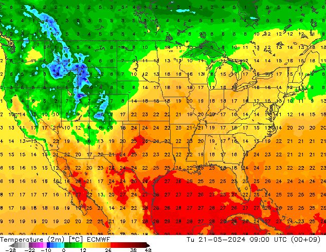Temperatuurkaart (2m) ECMWF di 21.05.2024 09 UTC